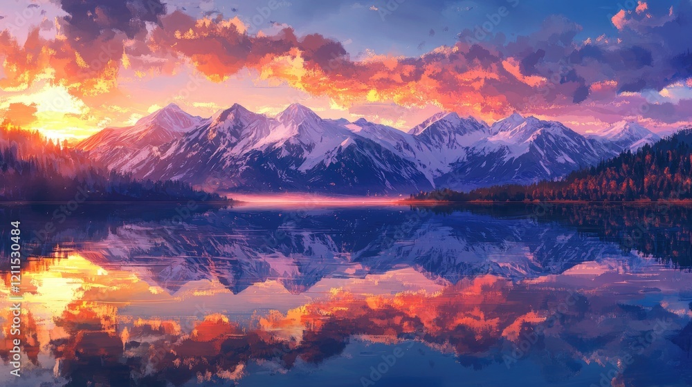 Vibrant sunset illuminating snow-capped mountains, perfectly mirrored in a clear tranquil lake Vibrant sunset illuminating snow-capped mountains, perfectly mirrored in a clear tranquil lake