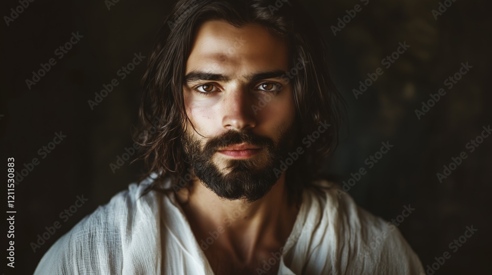 Fototapeta premium Jesus Standing with Compassion and Serenity: A Radiant Presence of Faith