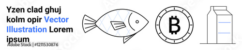 Stylized fish, bitcoin coin, and milk carton with text elements in clean, modern design. Ideal for technology, finance, cryptocurrency, food industry, dairy products, digital art, web graphics