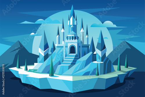 An intricate ice castle with towering spires stands proudly amid a glacial landscape Ice castle Customizable Semi Flat Illustration