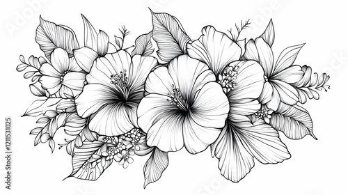 Elegant hibiscus floral arrangement, black and white line art, perfect for wedding invitations or home decor