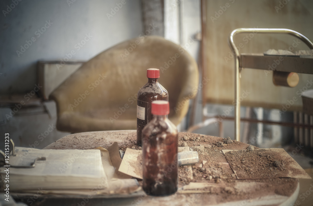 Fotografie Verlassene Flaschen auf Tisch