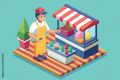 An ice cream vendor serves various colorful flavors to customers in a lively marketplace Ice cream seller Customizable Isometric Illustration