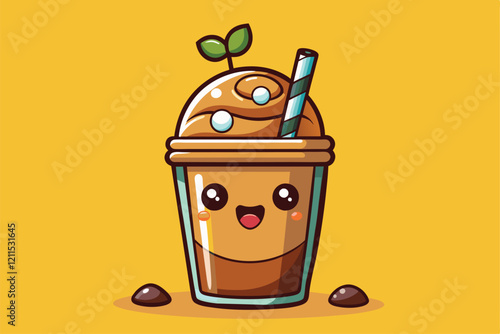 A cute cartoon iced coffee drink with a smiling face and customizable toppings Iced coffee Customizable Cartoon Illustration