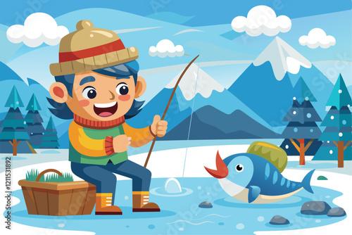 A happy character fishes through the ice surrounded by snow-covered mountains and trees Ice fishing Customizable Cartoon Illustration