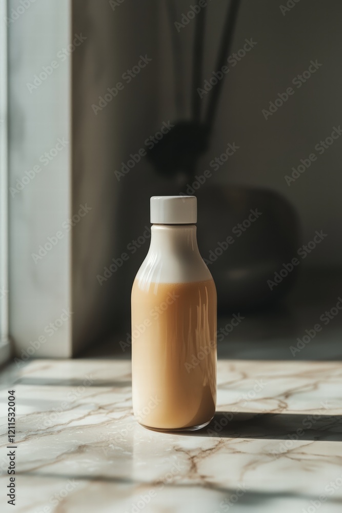 A beautifully designed bottle resting on a marble surface, showcasing modern aesthetics and minimalism in decor. A beautifully designed bottle resting on a marble surface, showcasing modern aesthetics and minimalism in decor.