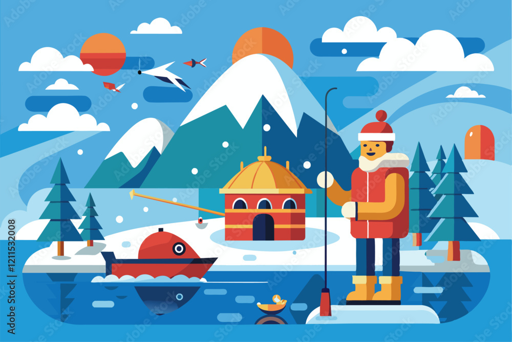 Naklejka premium A person stands on a frozen lake while ice fishing, surrounded by serene mountains and snow-laden trees Ice fishing Customizable Flat Illustration