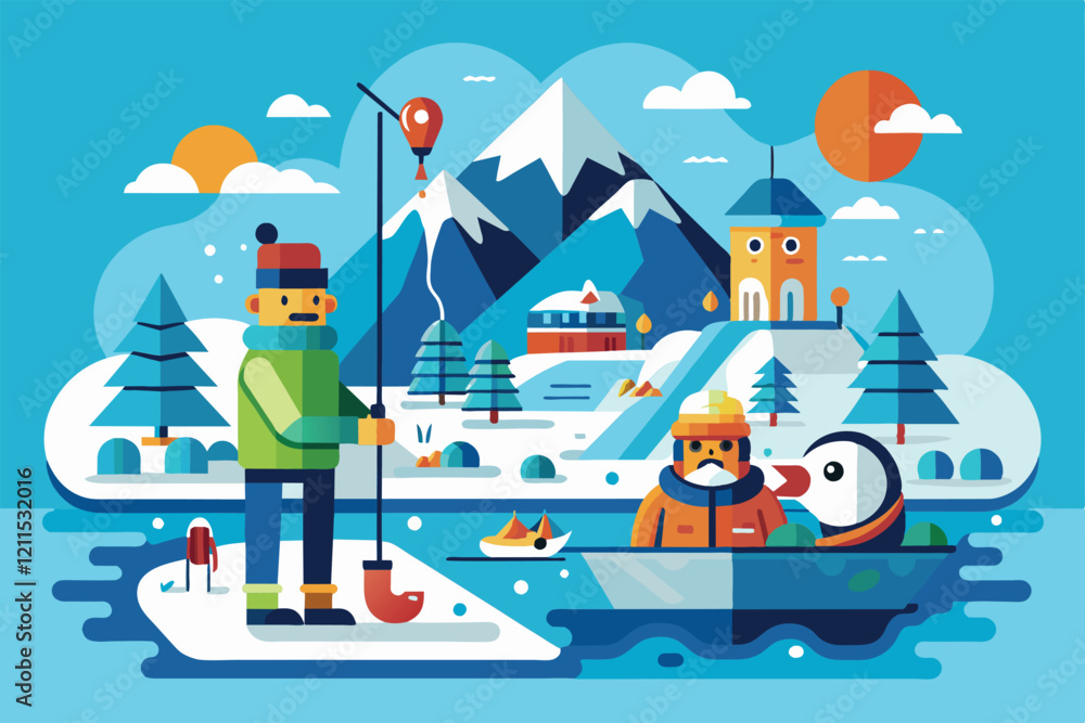 Naklejka premium Two characters enjoy ice fishing while a boat floats nearby in a vibrant winter landscape Ice fishing Customizable Disproportionate Illustration
