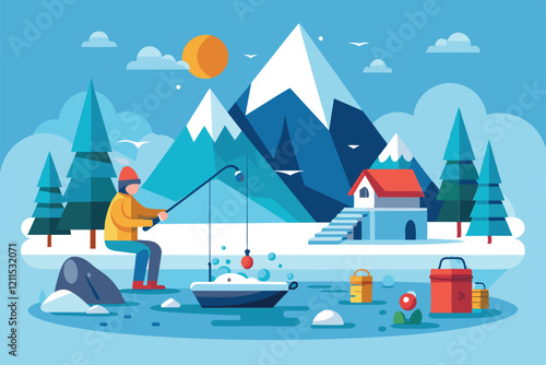 A person enjoys ice fishing on a frozen lake near snow-covered mountains and a quaint cabin in winter Ice fishing Customizable Flat Illustration
