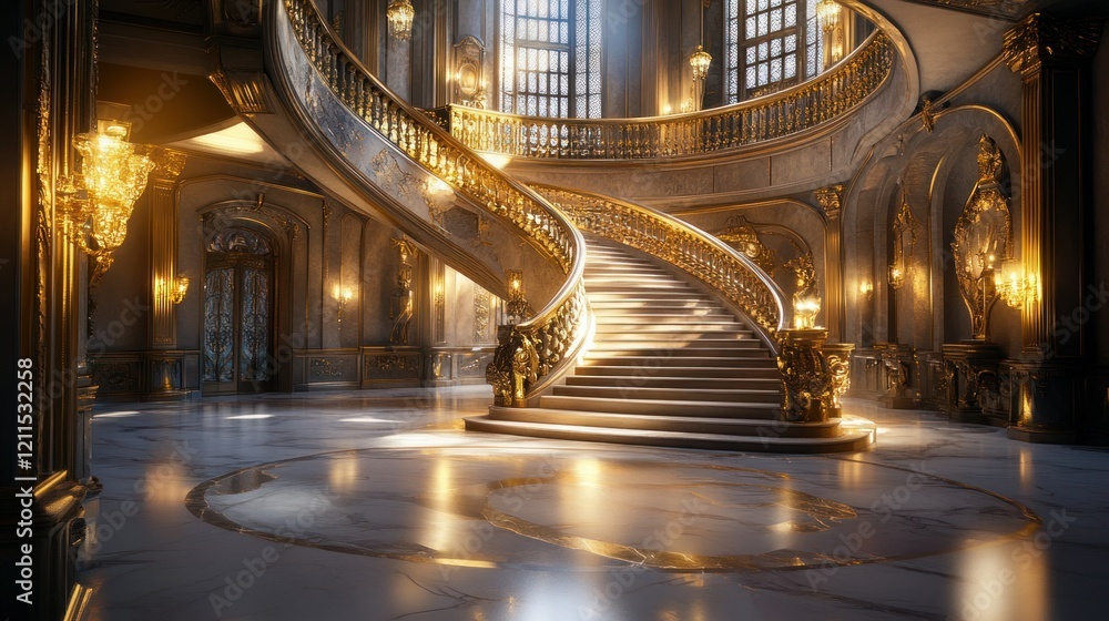 Obraz premium A grand venue with a spiral staircase, intricate lighting fixtures, and high-end finishes like brushed gold and polished marble, lifelike 4K photo