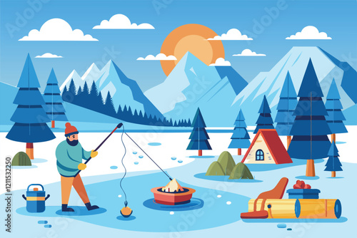 A person ice fishing in a serene winter setting with mountains and a small cabin in the background Ice fishing Customizable Semi Flat Illustration