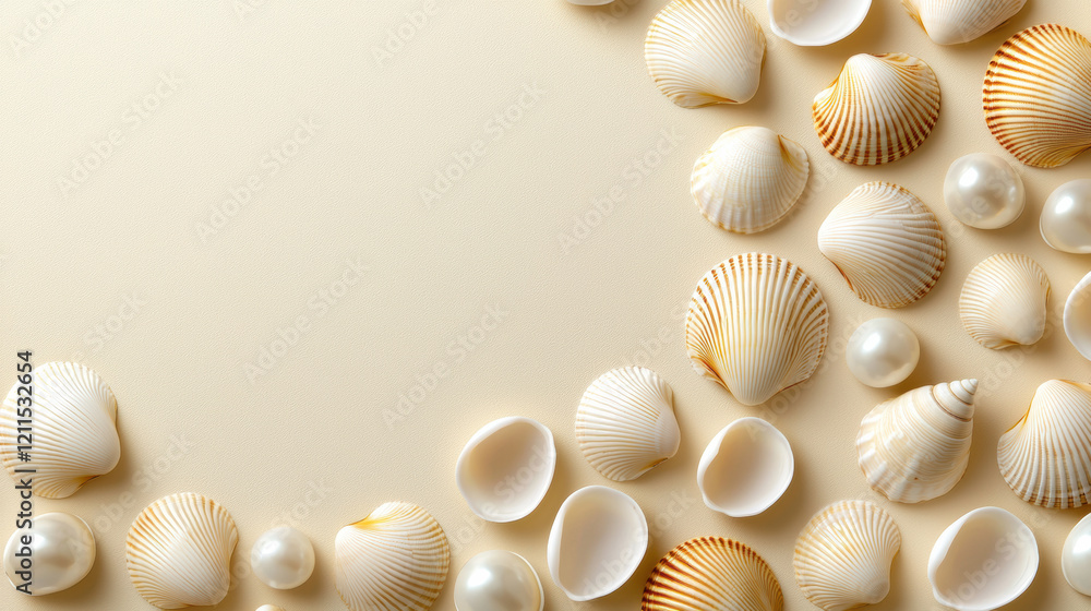 Seashells and pearls arranged on soft background create serene atmosphere Seashells and pearls arranged on soft background create serene atmosphere