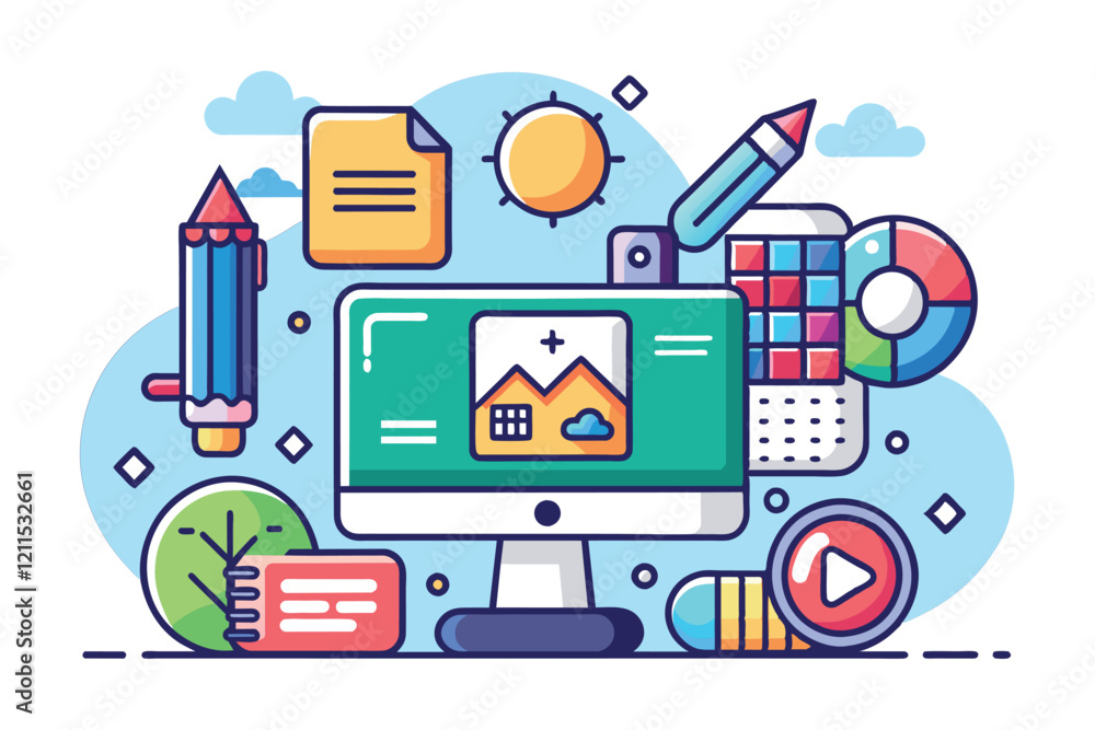 A creative workspace displaying a computer surrounded by tools like pencils, documents, and icons Icon design Customizable Flat Illustration A creative workspace displaying a computer surrounded by tools like pencils, documents, and icons Icon design Customizable Flat Illustration