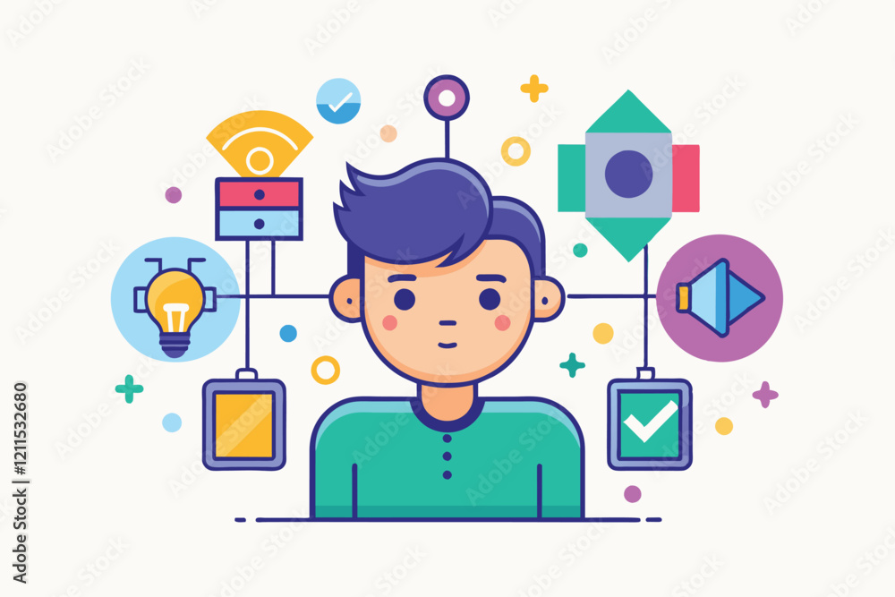 A young man interacts with diverse technology icons in a creative workspace setting Icon design Customizable Flat Illustration A young man interacts with diverse technology icons in a creative workspace setting Icon design Customizable Flat Illustration