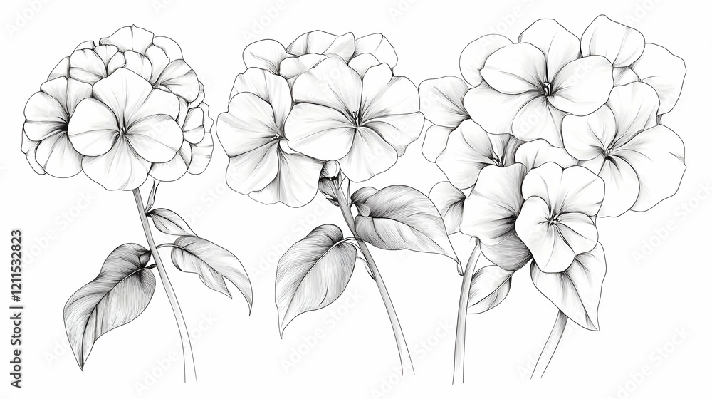 Elegant sketched phlox flowers, botanical illustration, white background, design element Elegant sketched phlox flowers, botanical illustration, white background, design element