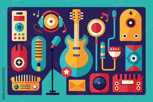 A collection of musical icons including instruments and audio devices is displayed on a bright background Icon set music