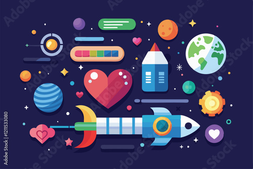 Bright icons depict space themes with rockets, hearts, planets, and progress indicators against a dark background Icons of progress bar, stamina, spaceships, health hearts, planets,