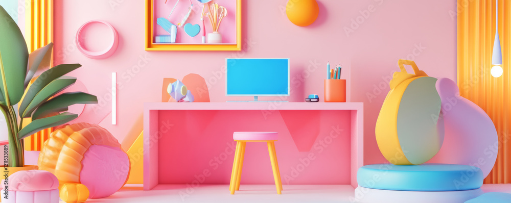 Fototapeta premium vibrant and playful teen girl room featuring geometric decor, functional workspace, and colorful furnishings. design creates cheerful and inviting atmosphere