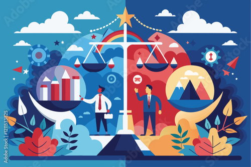 Two individuals stand on opposite sides of a balance, representing differing ideologies in a vibrant setting Ideological difference Customizable Disproportionate Illustration