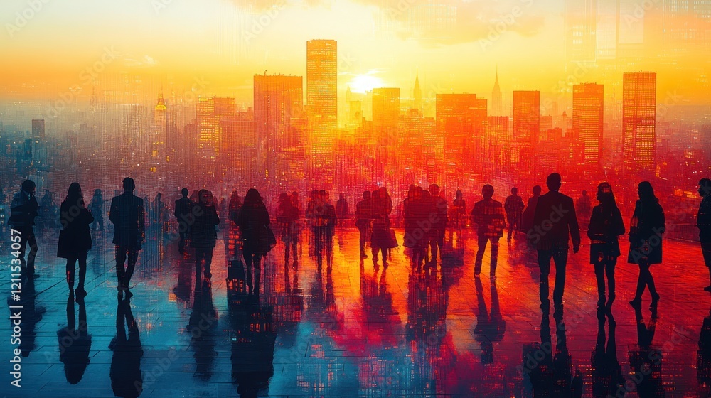 Silhouetted figures against a vibrant city skyline at sunset, reflecting a bustling urban atmosphere Silhouetted figures against a vibrant city skyline at sunset, reflecting a bustling urban atmosphere