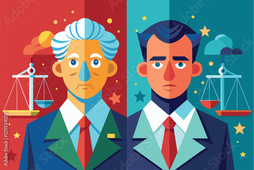 Two figures symbolize contrasting ideologies, each with distinctive colors and details reflecting their beliefs Ideological difference Customizable Semi Flat Illustration