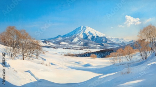 A minimalist winter landscape of Niseko with untouched snow dunes, clear blue skies, and a distant view of Mount Yotei towering over the region, ultra-clear 4K photo