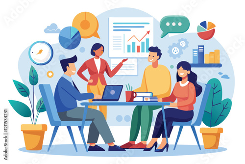 Professionals engage in a financial consultation, analyzing charts and discussing strategies in an office setting Illustrated financial consultation concept and people in meeting at table,