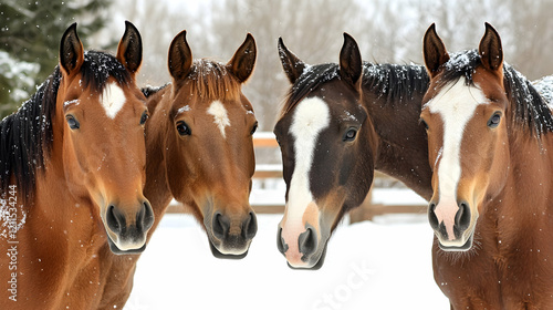 Four horses winter snow portrait, snowy field background, equine farm animals photo