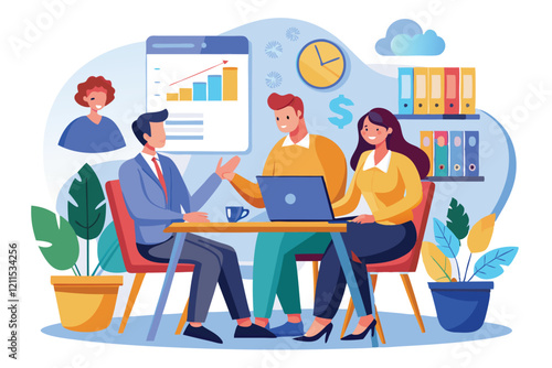 Professionals collaborate over a laptop, discussing financial strategies and analytics in an office environment Illustrated financial consultation concept and people in meeting at table,