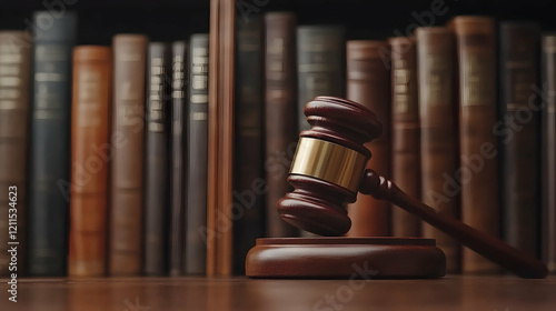 Gavel on wooden block, law library bookshelf background; justice, legal concept photo