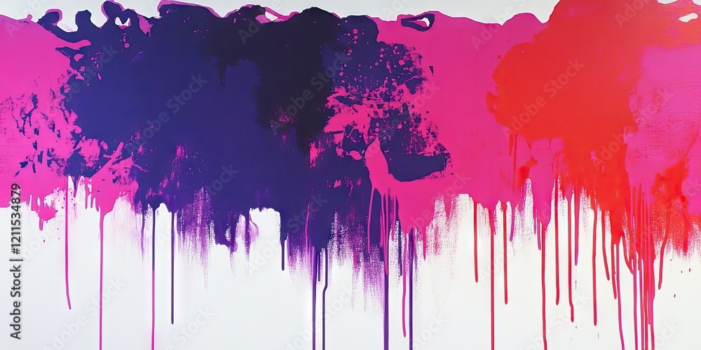 Fototapeta premium Cascading vibrant purple pink and red screen print colors dripping down a white background showcasing a beautiful abstract texture