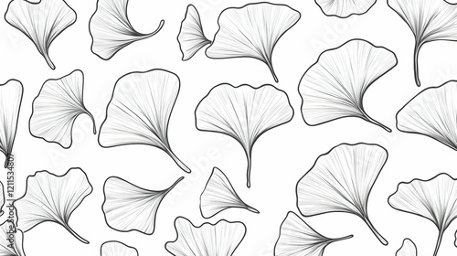Ginkgo biloba leaves pattern, nature design, white background, botanical illustration, for textile print