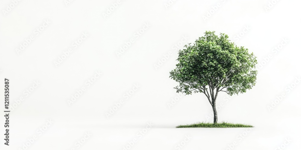 Obraz premium Single vibrant green tree with lush foliage positioned on the left side against a clean white background, accompanied by a patch of grass.