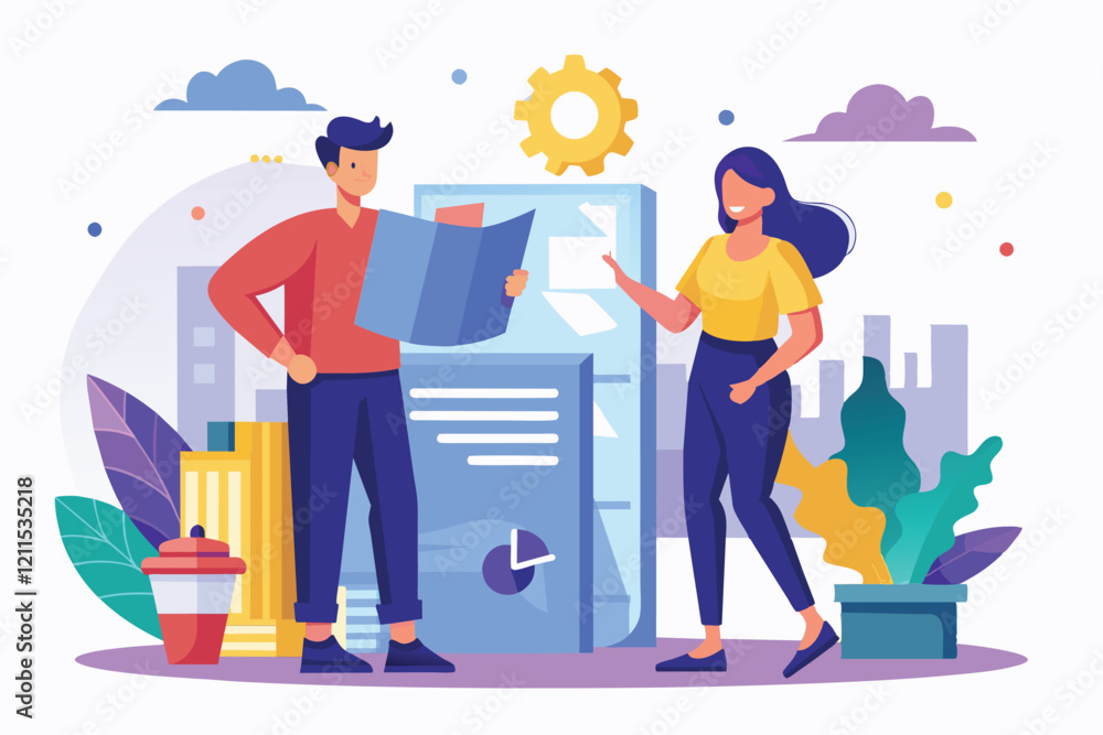 A man and woman are engaged in a discussion about a report in an office environment illustration of a man and woman standing in front of a large paper A man and woman are engaged in a discussion about a report in an office environment illustration of a man and woman standing in front of a large paper