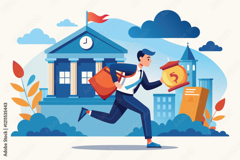 A man urgently flees the bank holding a large clock and a bag as buildings loom in the background illustration of a man running from the bank with a clock A man urgently flees the bank holding a large clock and a bag as buildings loom in the background illustration of a man running from the bank with a clock
