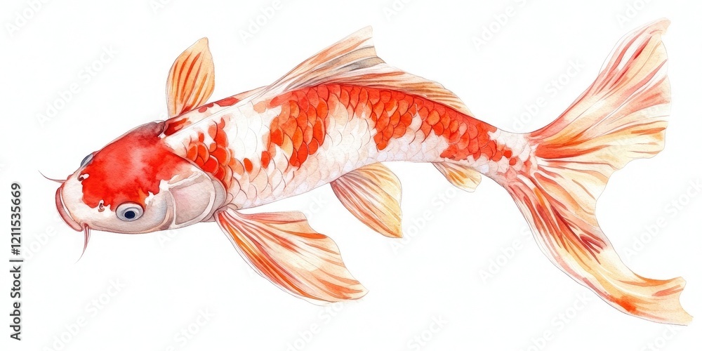 Fototapeta premium Colorful koi fish swimming gracefully, detailed orange and white patterns, positioned centrally on a soft light blue background.