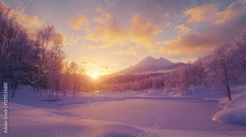 Wallpaper Mural A peaceful winter vista in Niseko showcasing vast fields of untouched snow, bordered by forests and illuminated by the golden hues of sunset, lifelike 4K Torontodigital.ca