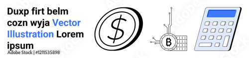 Dollar symbol in a circle, digital Bitcoin with circuit lines, blue and gray calculator. Ideal for finance, cryptocurrency, accounting, fintech, investment, budgeting, and educational themes. Landing