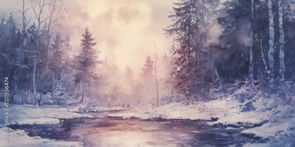 Serene winter landscape with soft purple and pink hues, flowing river reflecting light, surrounded by snowy trees and misty atmosphere. Serene winter landscape with soft purple and pink hues, flowing river reflecting light, surrounded by snowy trees and misty atmosphere.