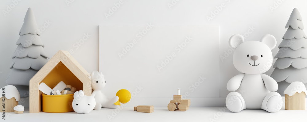 Minimalist Scandinavian kids room with soft toys and decor. serene atmosphere features blank wall, wooden elements, and playful accents, creating cozy space for children Minimalist Scandinavian kids room with soft toys and decor. serene atmosphere features blank wall, wooden elements, and playful accents, creating cozy space for children
