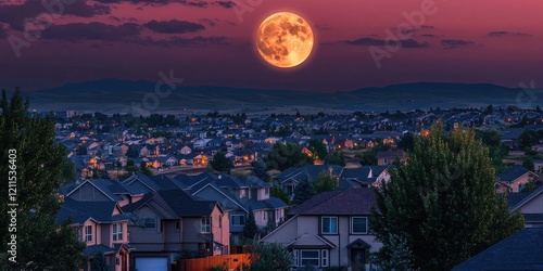 Full moon rising in a colorful sunset sky above a peaceful suburban neighborhood with silhouetted trees and glowing windows in the foreground photo