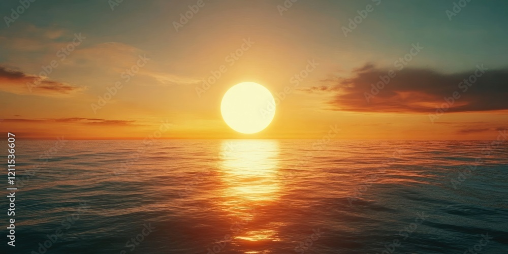 Vibrant sunset reflecting on calm water with blue to orange gradient sky, large sun centered on horizon casting golden light on waves. Vibrant sunset reflecting on calm water with blue to orange gradient sky, large sun centered on horizon casting golden light on waves.