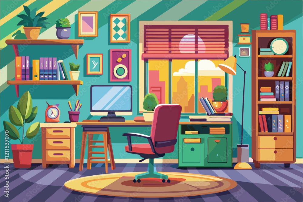 Fototapeta premium A bright interior featuring a desk, chair, plants, and a window with a city view during daylight Illustration of detailed color side view interior home office room