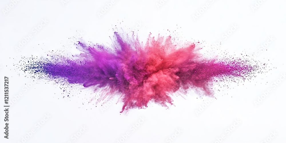 Vibrant explosion of pink and mauve color powder against a white background with dynamic freeze motion capture creating a cloud effect Vibrant explosion of pink and mauve color powder against a white background with dynamic freeze motion capture creating a cloud effect