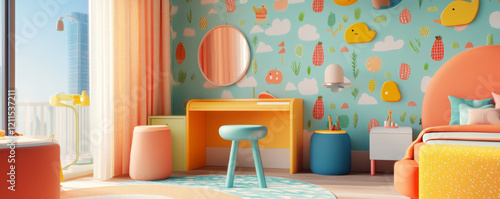 Wallpaper Mural vibrant modern child room featuring illustrated wallpaper with playful patterns, colorful furniture, and cheerful atmosphere. Perfect for creativity and fun Torontodigital.ca