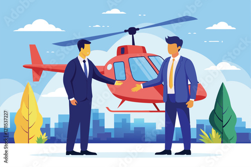 Two men shake hands amicably with a helicopter hovering in the background on a sunny day illustration of two men shaking hands in front of a helicopter