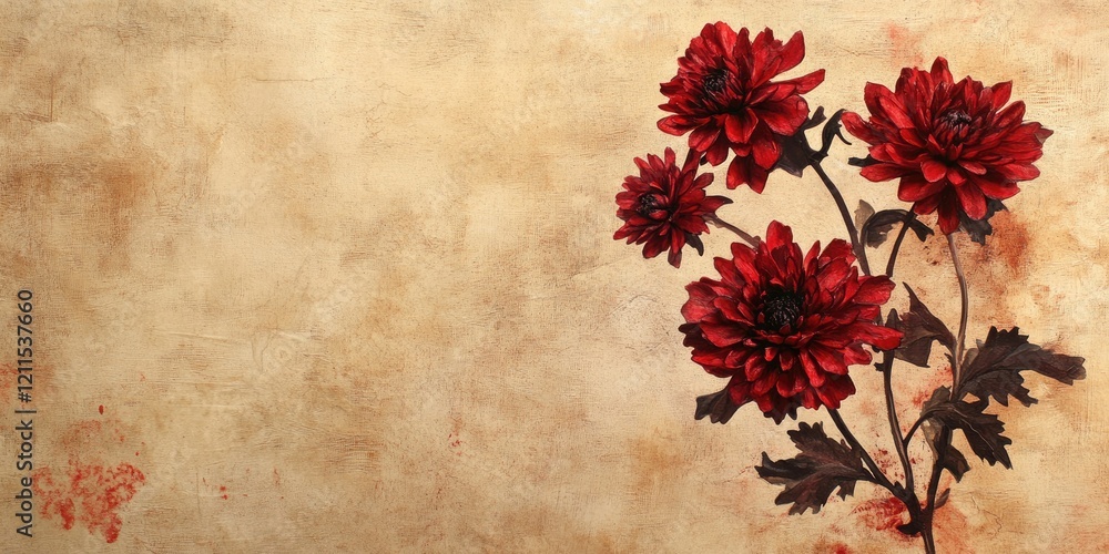 Aged paper backdrop in warm beige with dark red chrysanthemum flowers on the right, featuring detailed textures and subtle vintage tones. Aged paper backdrop in warm beige with dark red chrysanthemum flowers on the right, featuring detailed textures and subtle vintage tones.