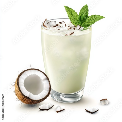 A tropical coconut mojito with coconut flakes, displayed on an isolated white background, hyper-realism art style photo