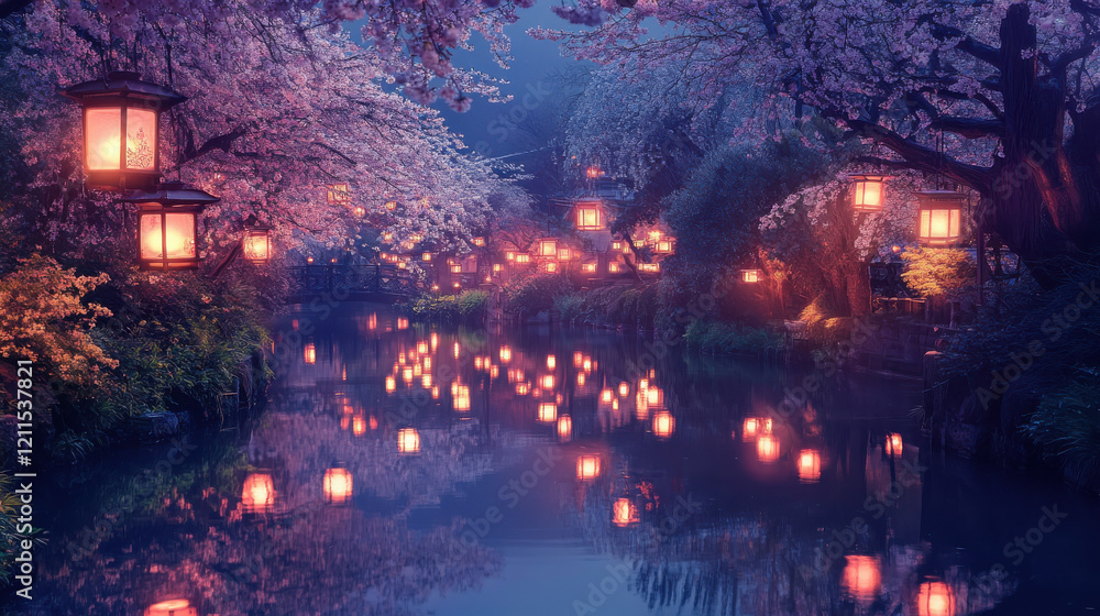 Naklejka premium Moonlit riverside garden with lanterns and cherry blossoms