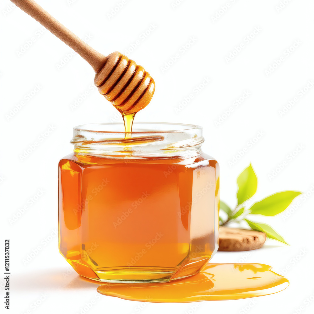 High-quality stock photo of a glass jar filled with golden honey, featuring a wooden dipper and a honey drop, isolated on a clean white background. High-quality stock photo of a glass jar filled with golden honey, featuring a wooden dipper and a honey drop, isolated on a clean white background.